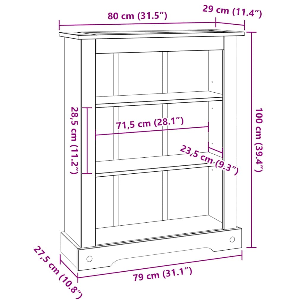 3-Tier Bookcase Mexican Pine Corona Range 80x29x100 cm