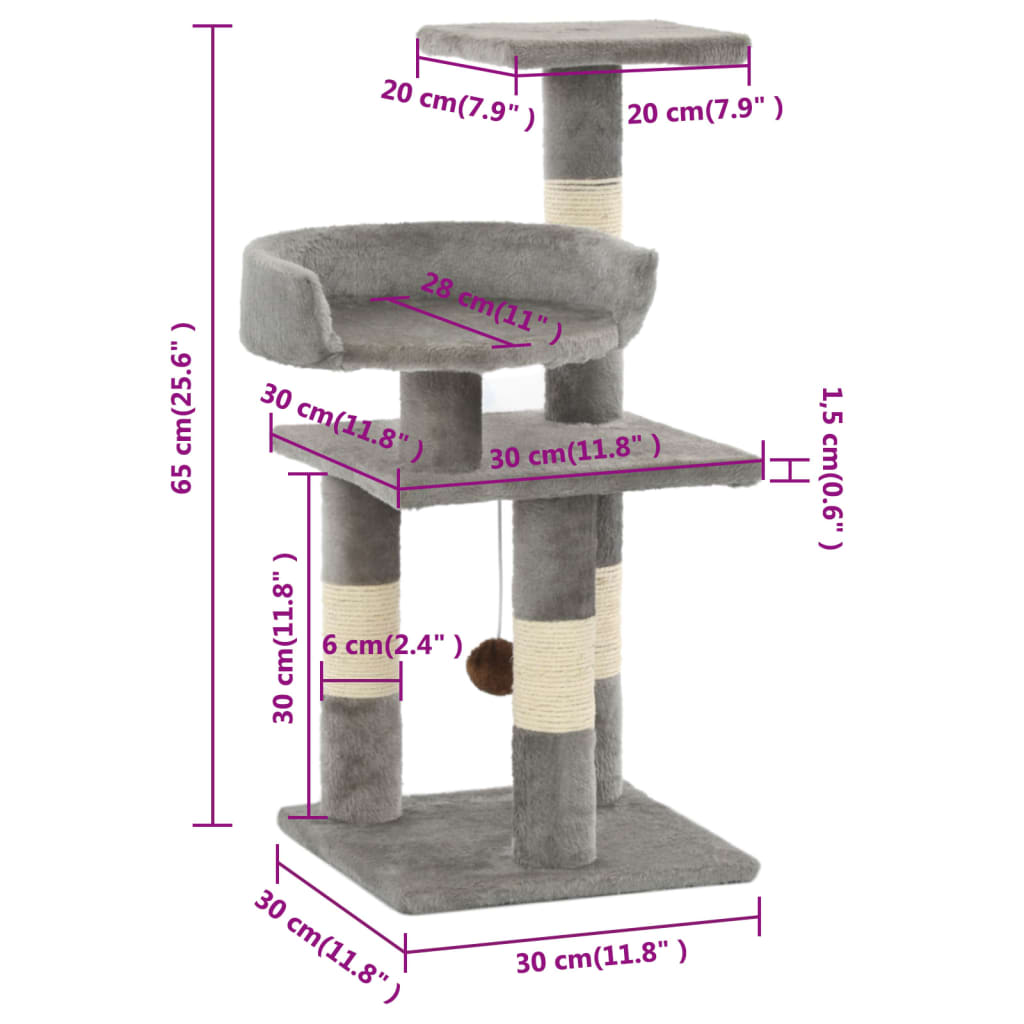 Cat Tree with Sisal Scratching Posts 65 cm Grey