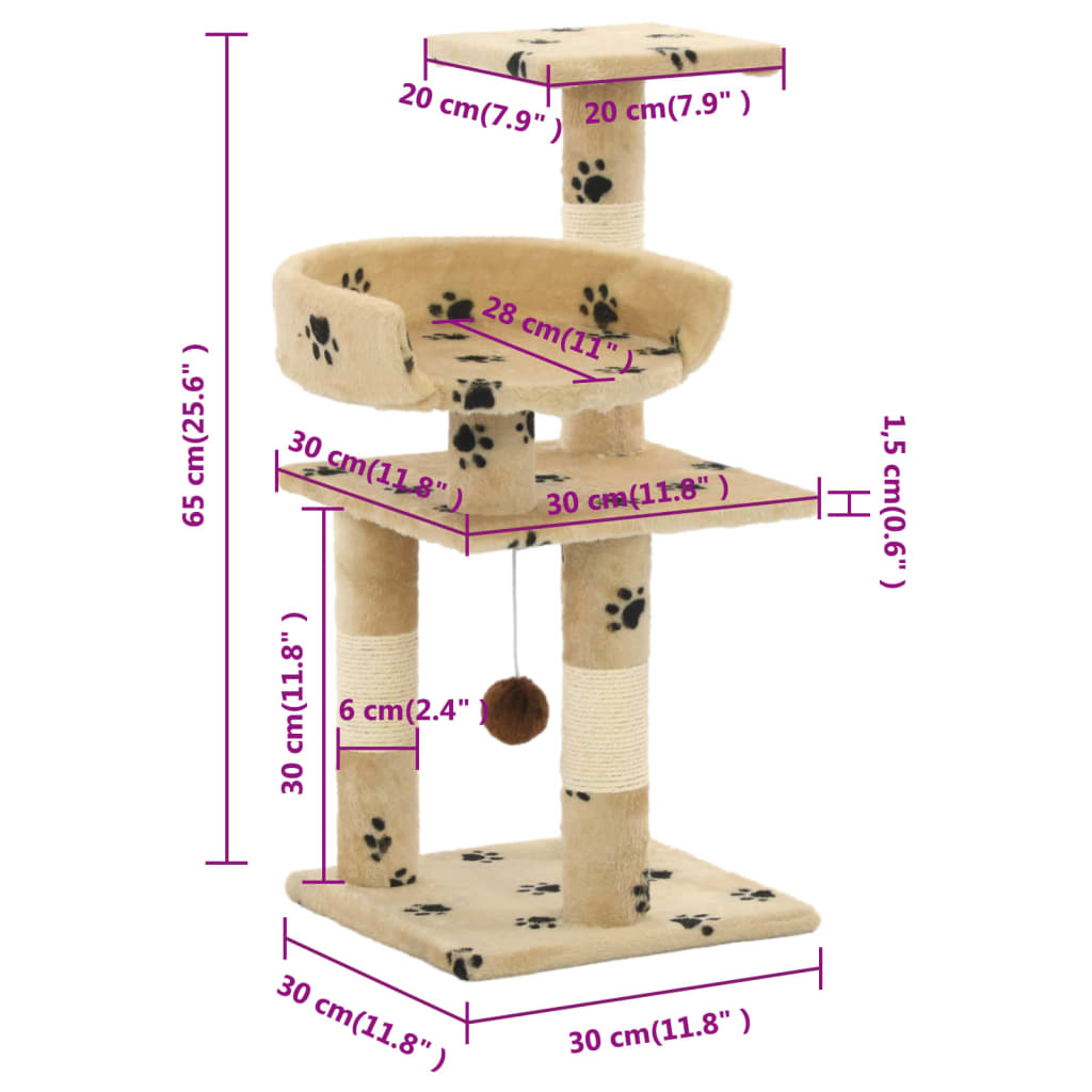 Cat Tree with Sisal Scratching Posts 65 cm Paw Prints Beige