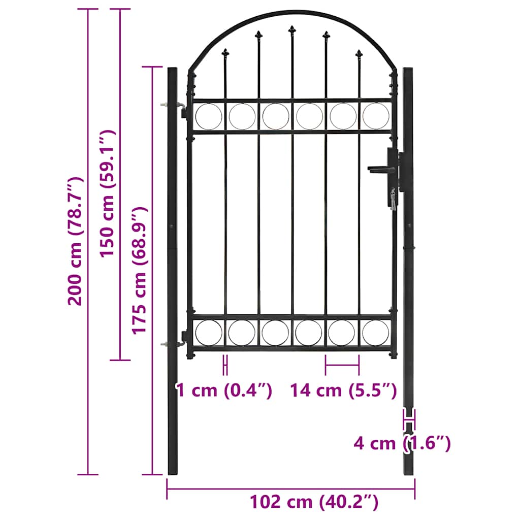 Fence Gate with Arched Top Steel 104x150 cm Black