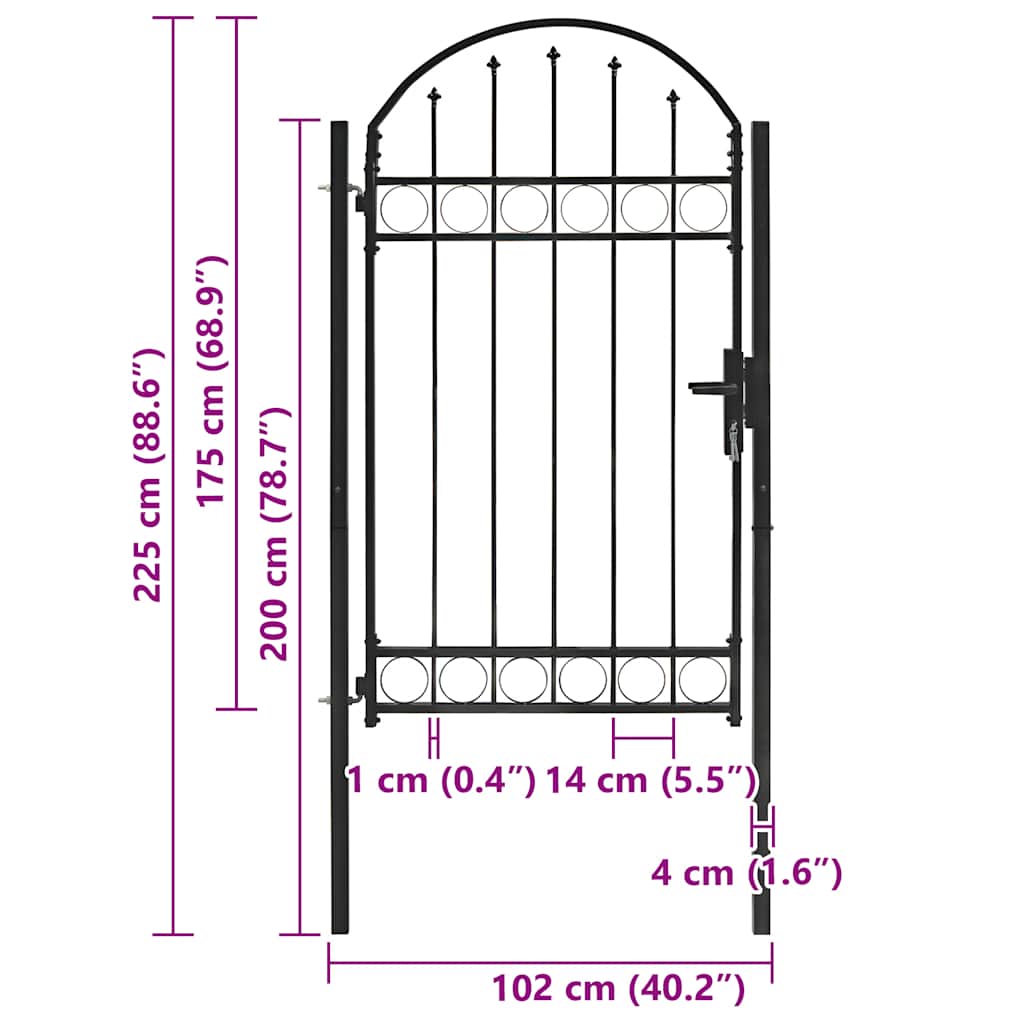 Fence Gate with Arched Top Steel 104x175 cm Black