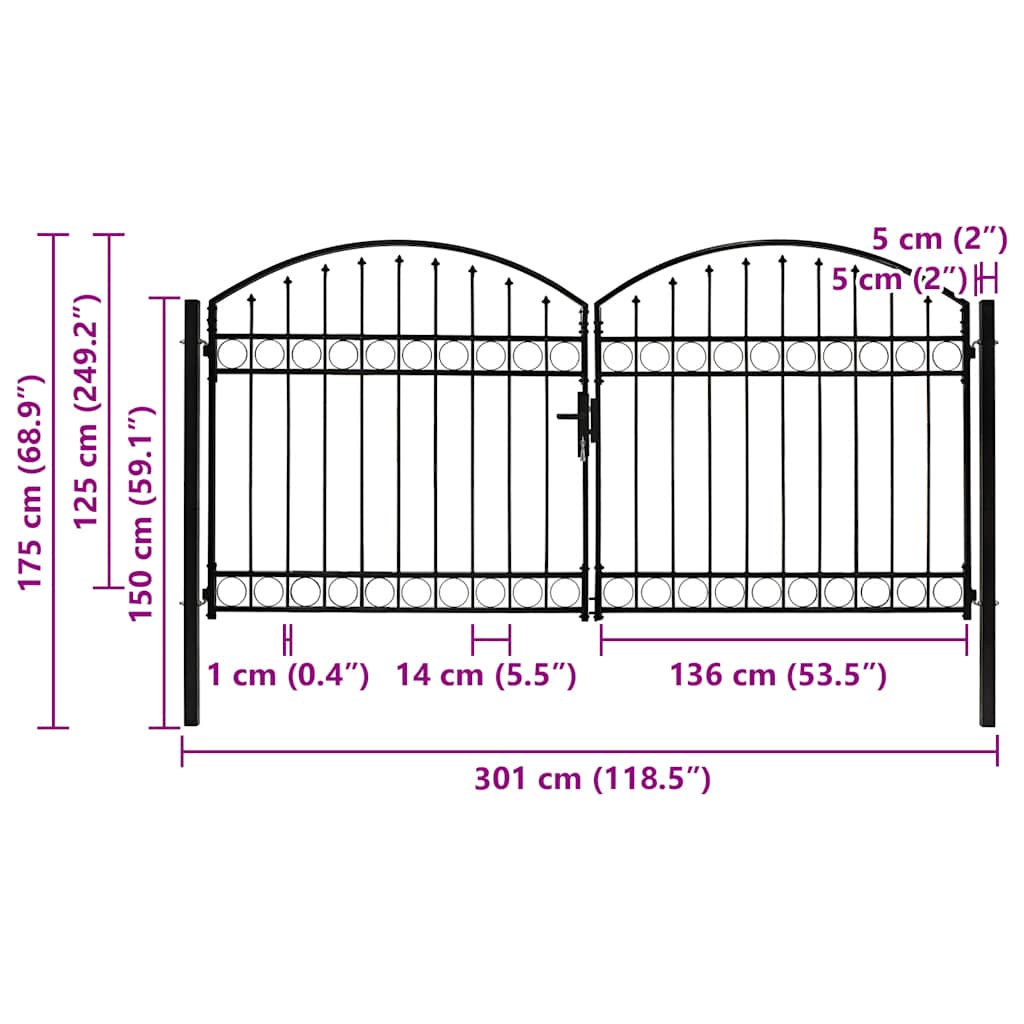 Fence Gate Double Door with Arched Top Steel 300x125 cm Black
