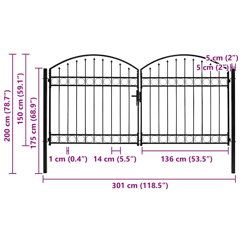 Fence Gate Double Door with Arched Top Steel 300x150 cm Black