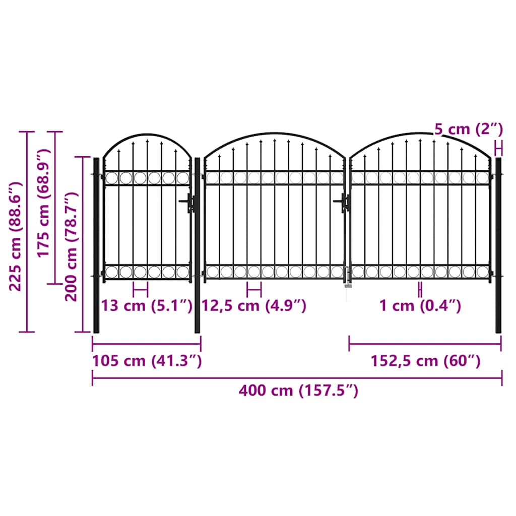 Garden Fence Gate with Arched Top Steel 2.25x4 m Black