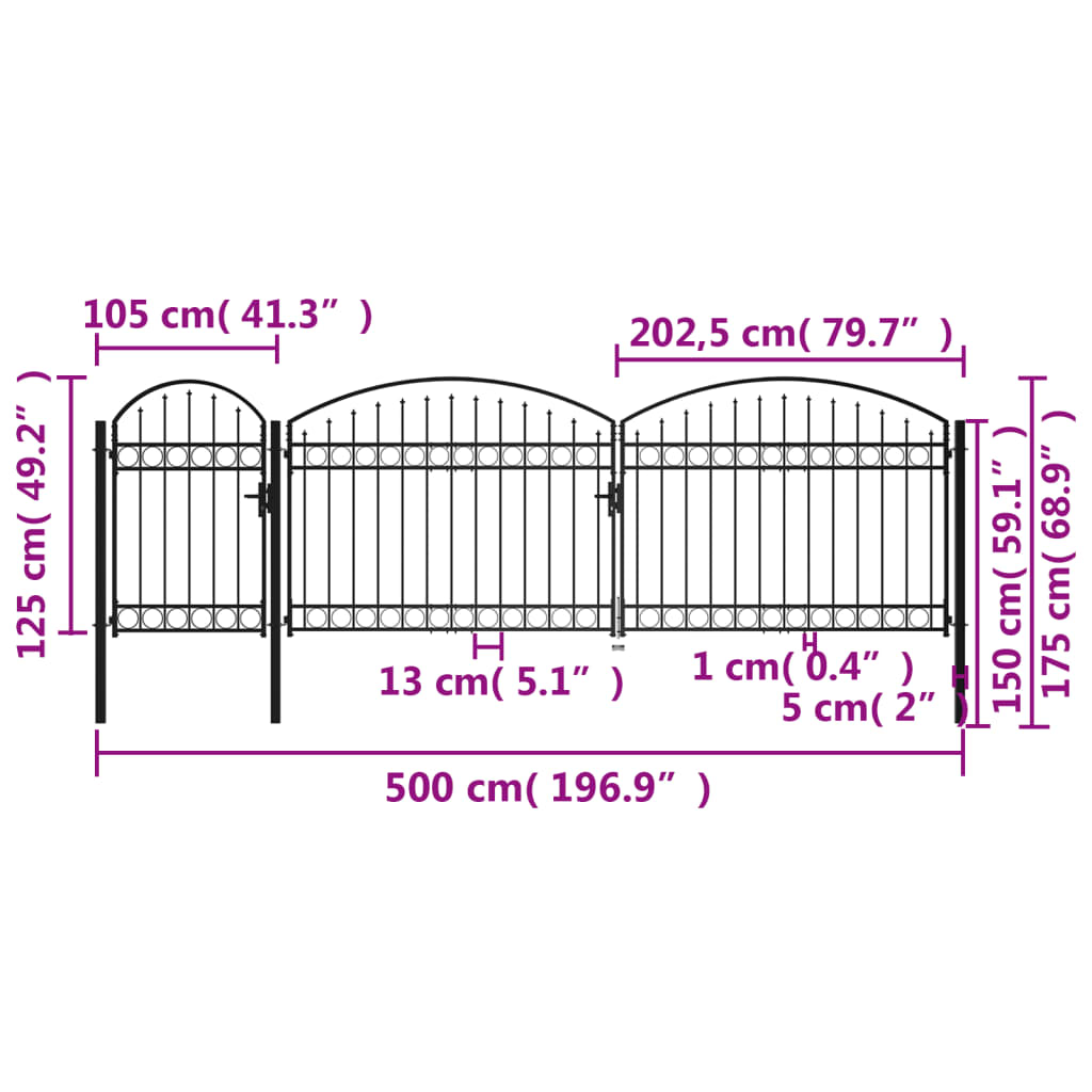 Garden Fence Gate with Arched Top Steel 1.75x5 m Black