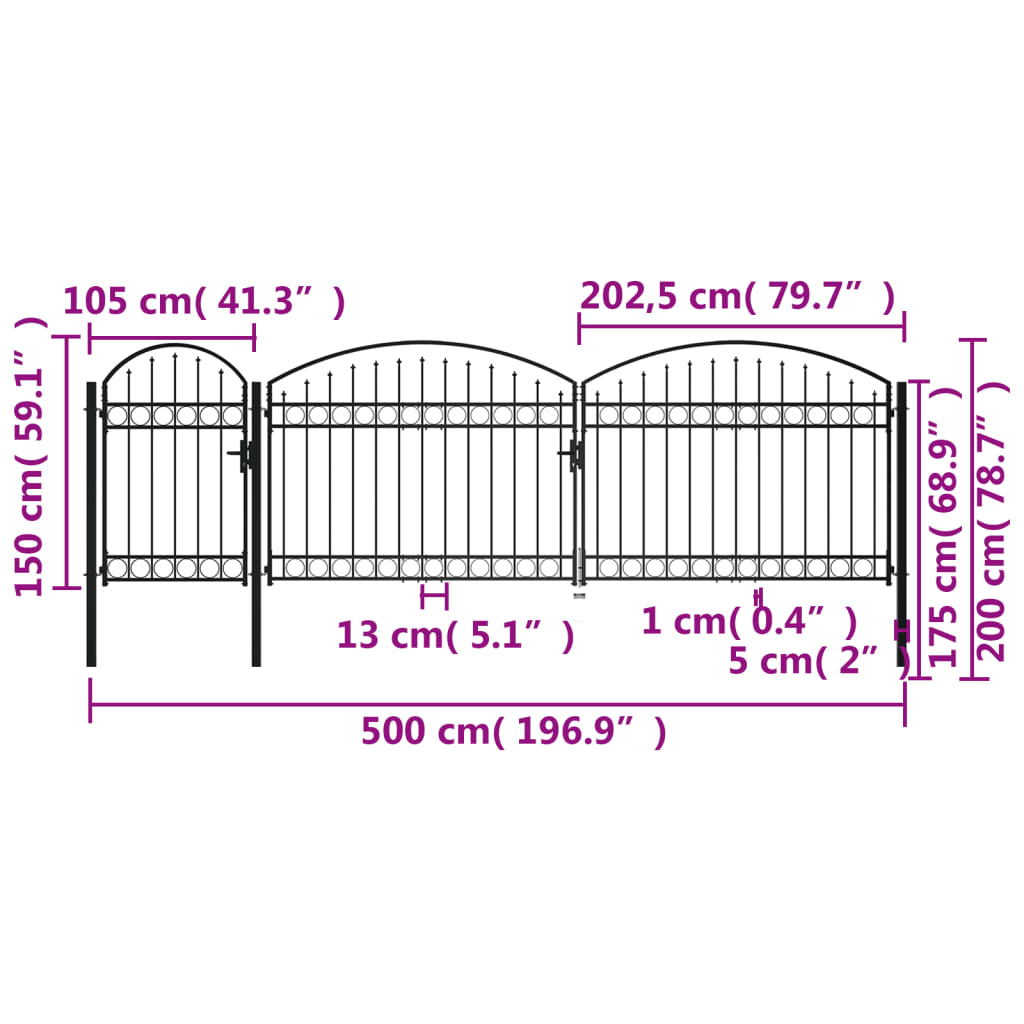 Garden Fence Gate with Arched Top Steel 2x5 m Black