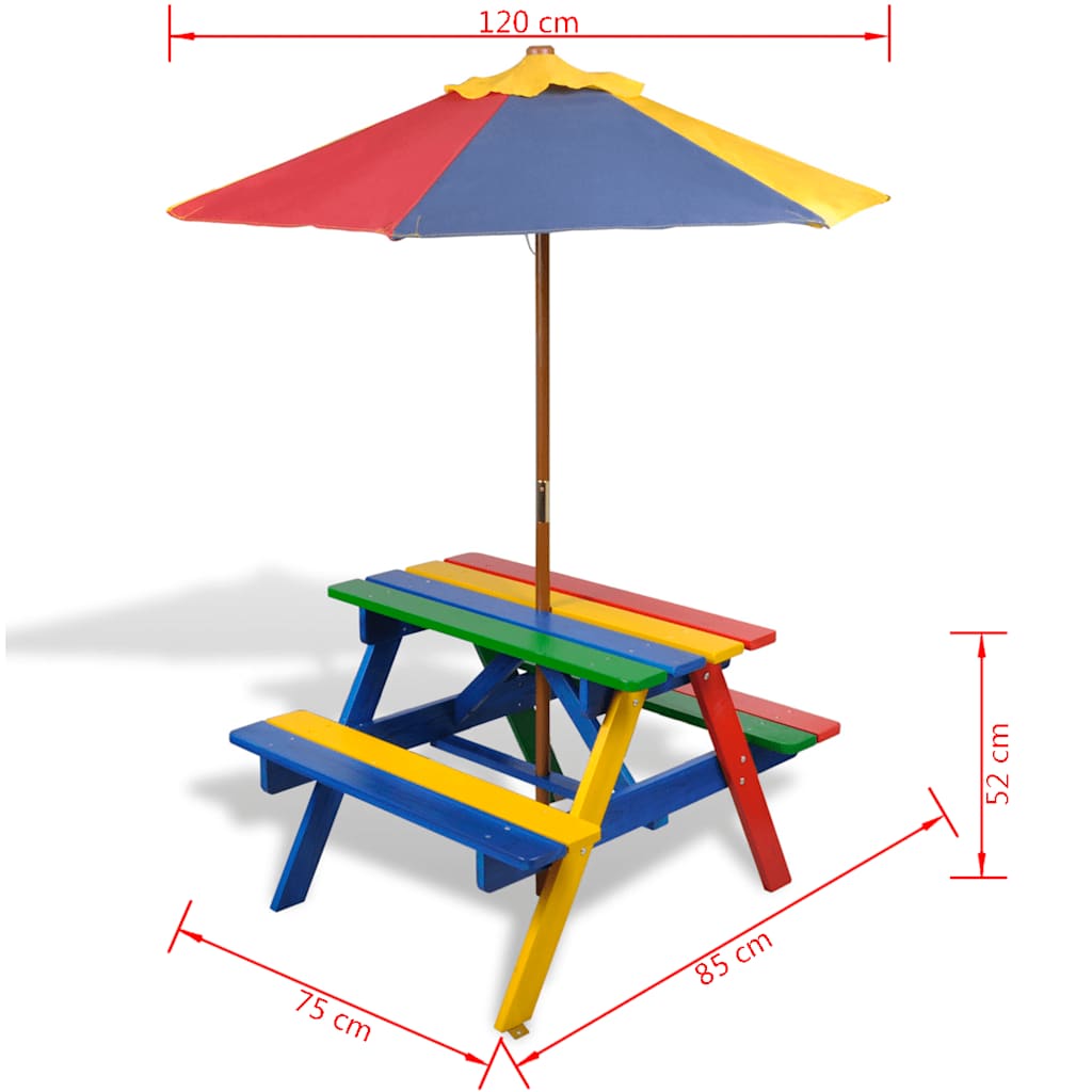 Kids' Picnic Table with Benches and Parasol Multicolour Wood