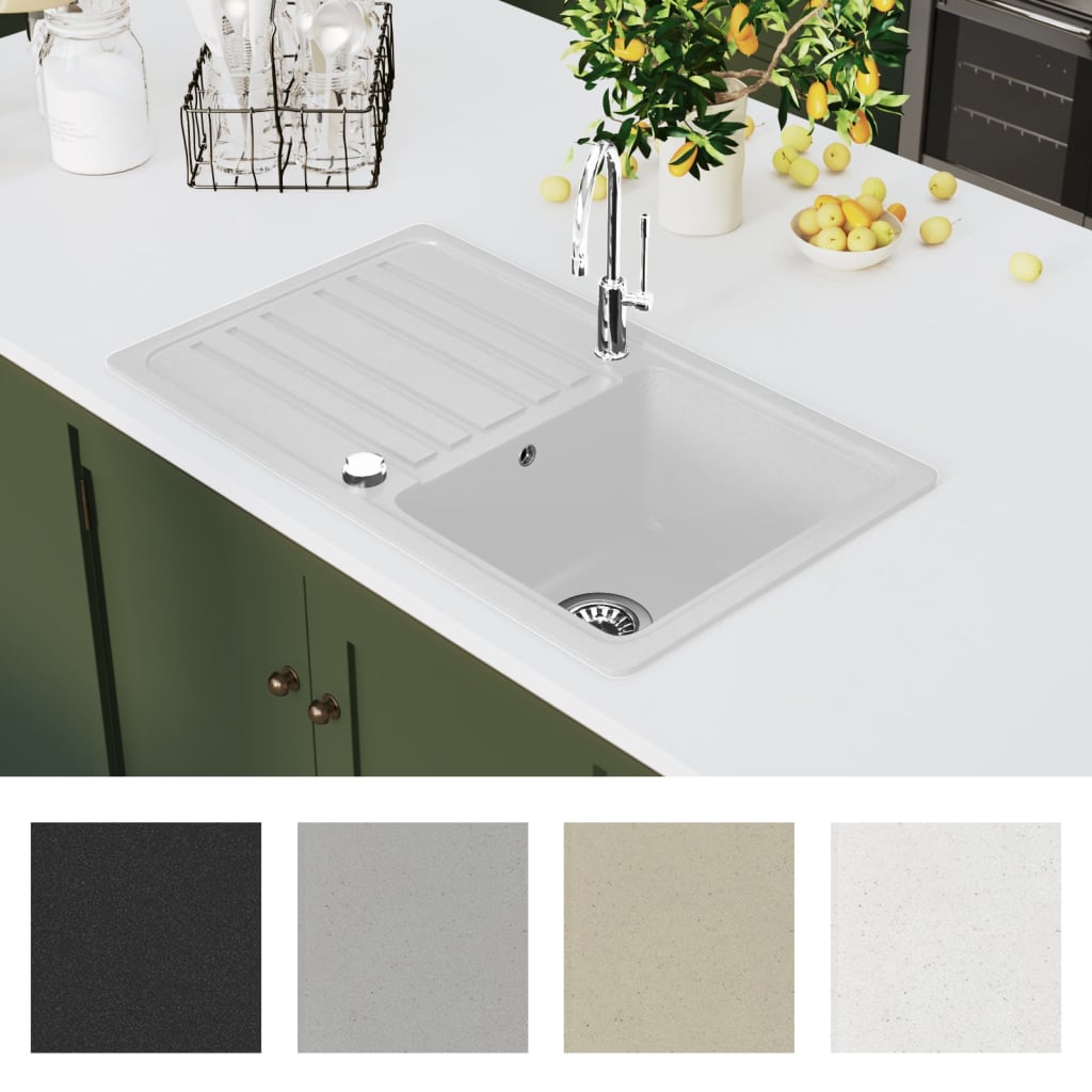 Granite Kitchen Sink Single Basin with Drainer Reversible White