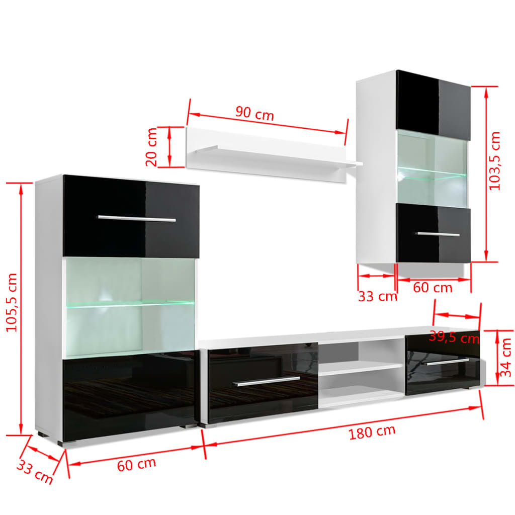 4 pcs Black High Gloss Wall Display Cabinet TV Unit with LED Lighting