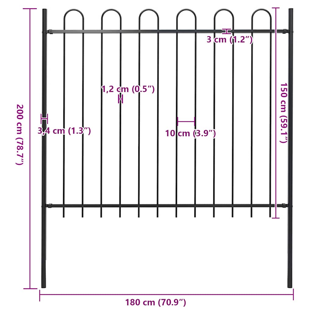 Garden Fence with Hoop Top Steel 181x150 cm Black