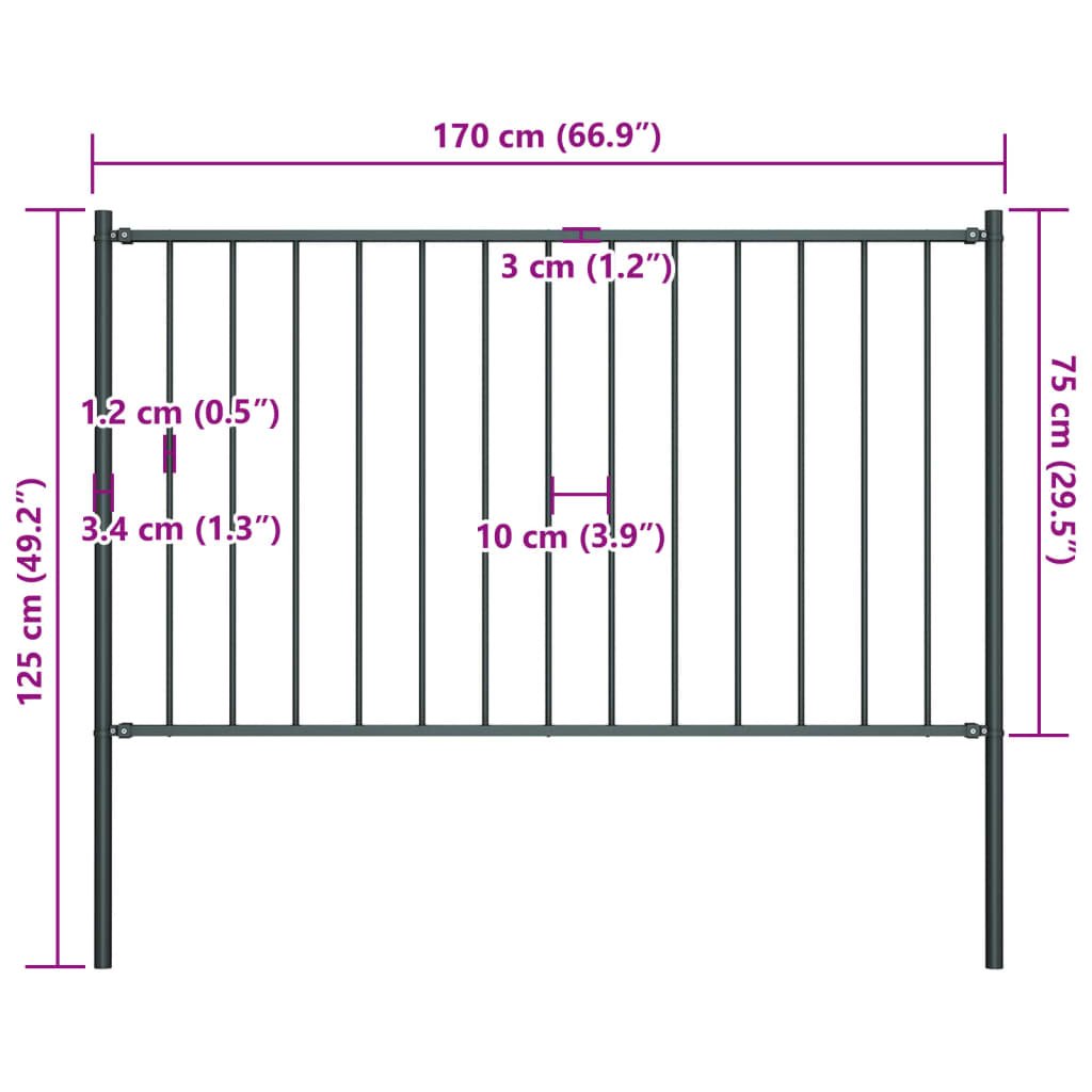 Fence Panel with Posts Powder-coated Steel 1.81x0.75 m Anthracite