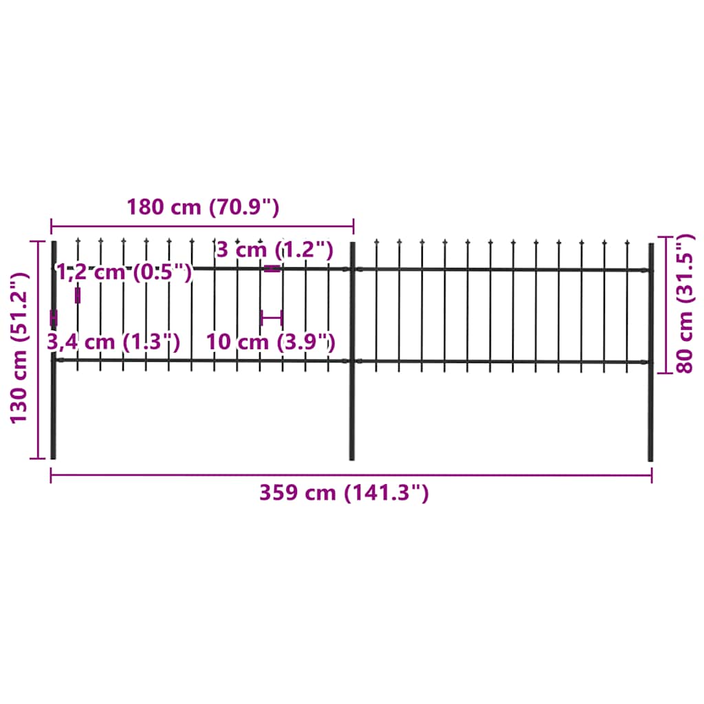 Garden Fence with Spear Top Steel 359x80 cm Black