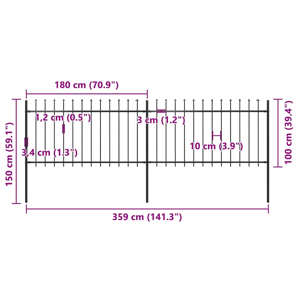 Garden Fence with Spear Top Steel 359x100 cm Black