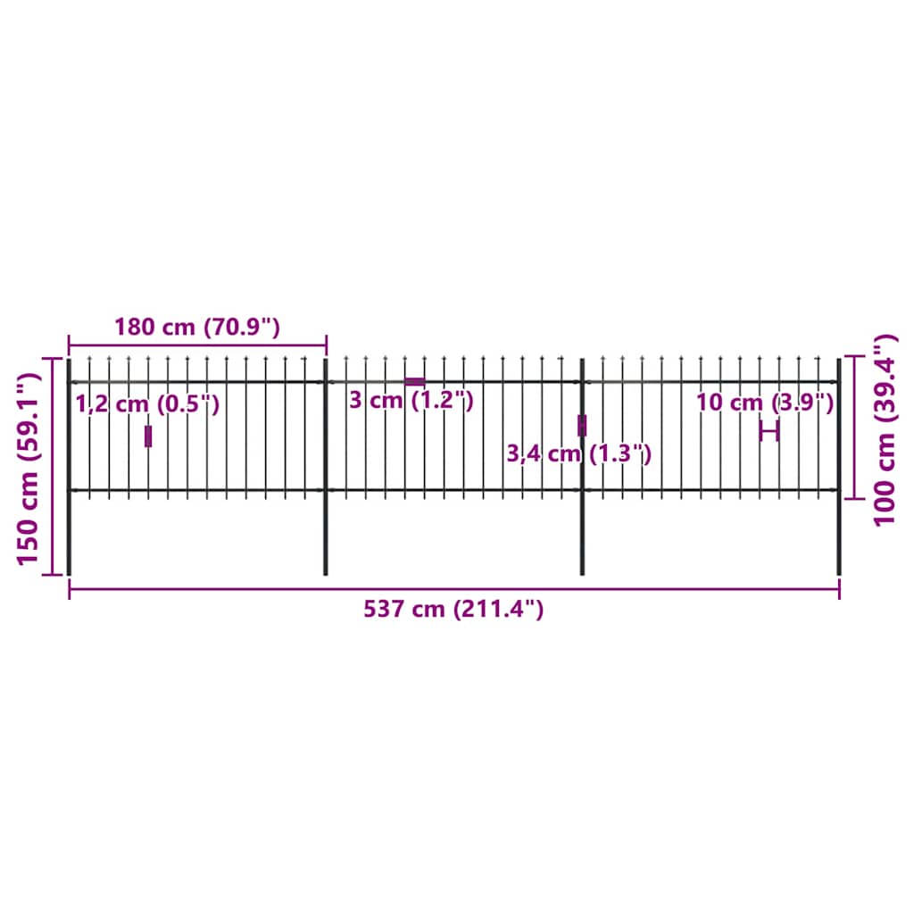 Garden Fence with Spear Top Steel 537x100 cm Black