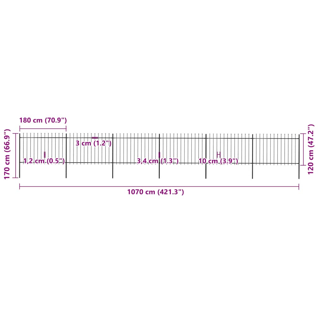 Garden Fence with Spear Top Steel 1070x120 cm Black