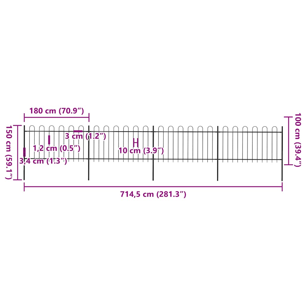 Garden Fence with Hoop Top Steel 714.5x100 cm Black