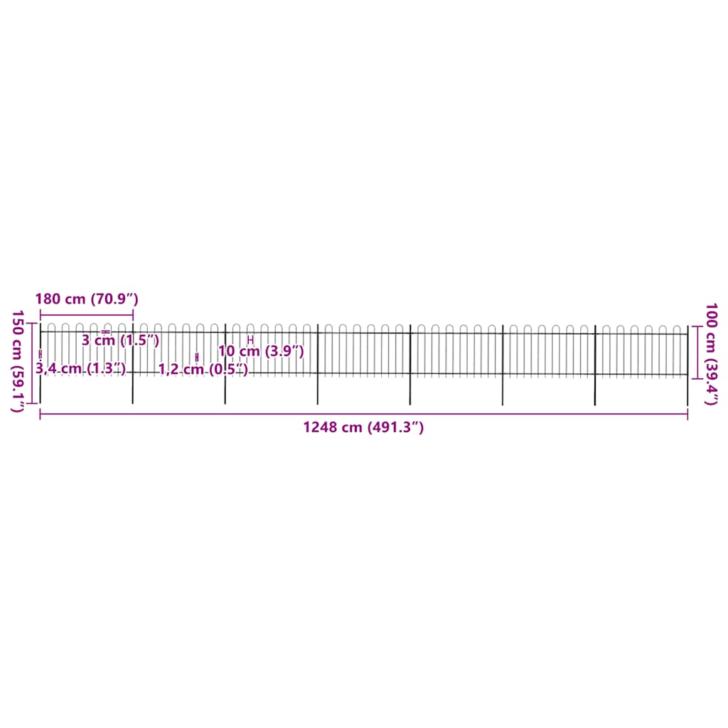 Garden Fence with Hoop Top Steel 1248x100 cm Black