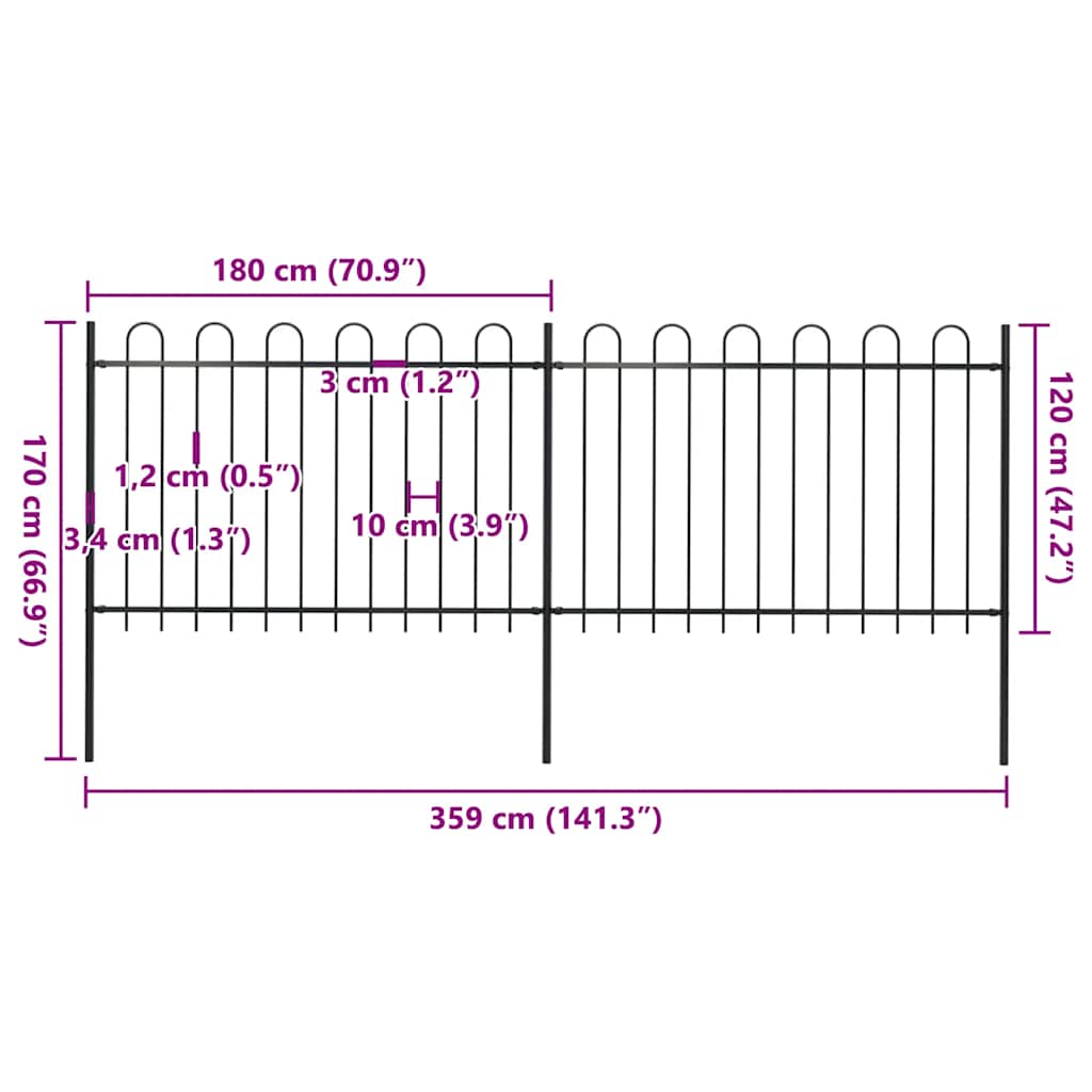 Garden Fence with Hoop Top Steel 359x120 cm Black