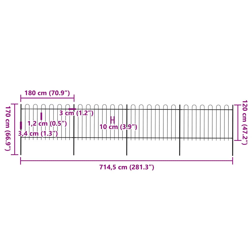 Garden Fence with Hoop Top Steel 714.5x120 cm Black