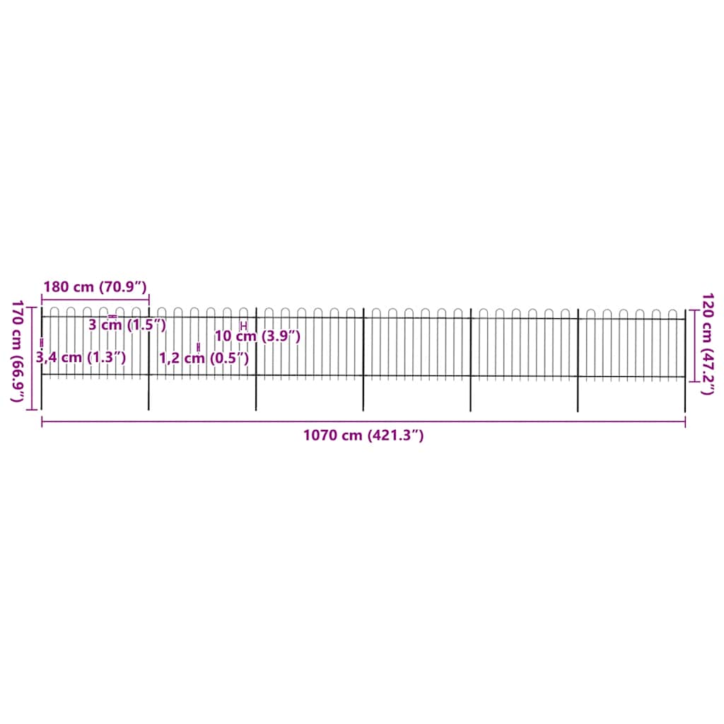 Garden Fence with Hoop Top Steel 1070x120 cm Black