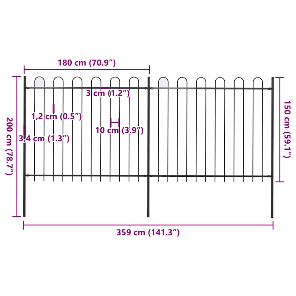 Garden Fence with Hoop Top Steel 359x150 cm Black