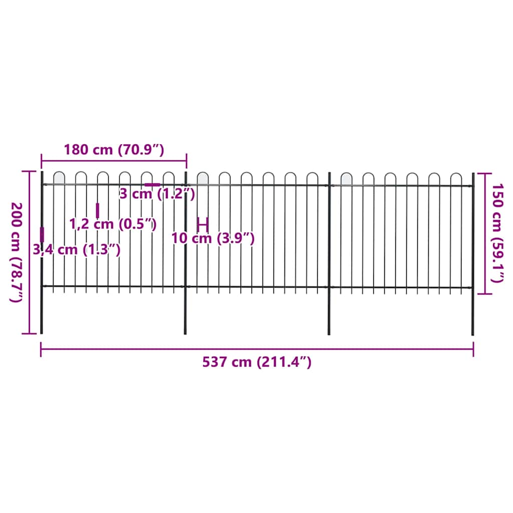 Garden Fence with Hoop Top Steel 537x150 cm Black