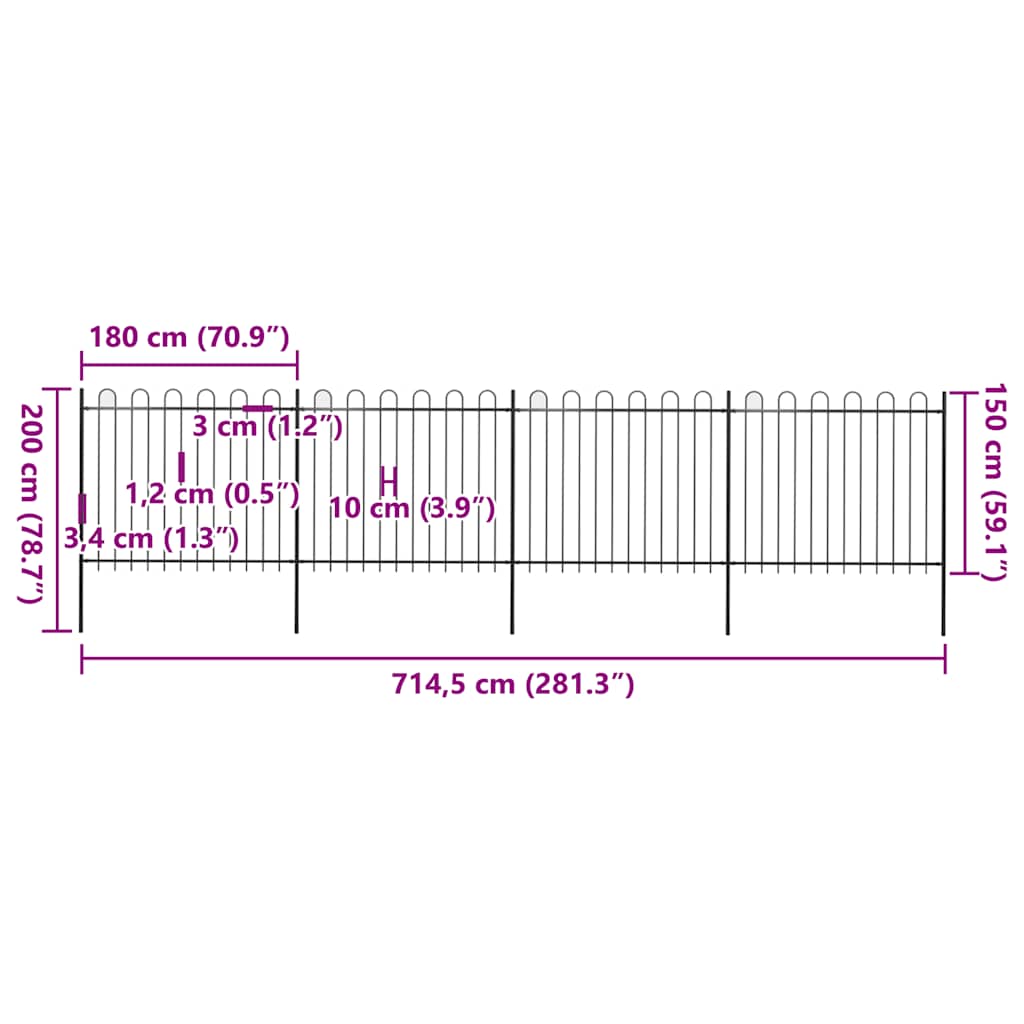Garden Fence with Hoop Top Steel 714.5x150 cm Black