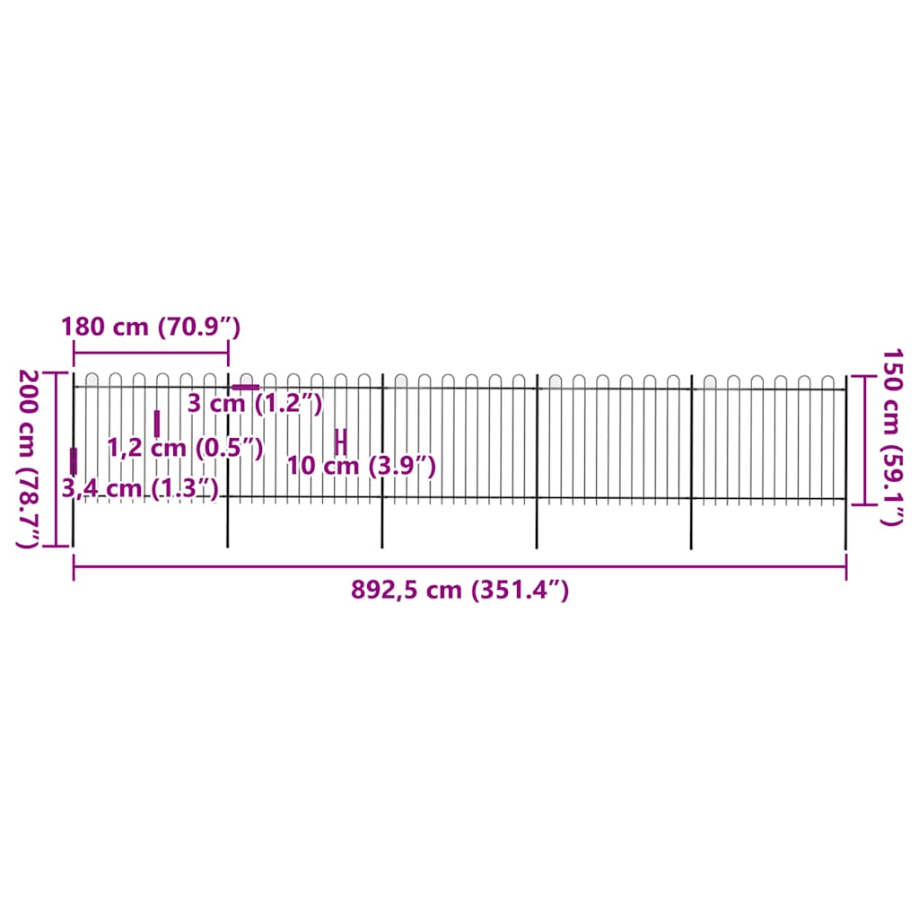 Garden Fence with Hoop Top Steel 892.5x150 cm Black