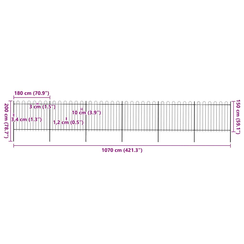 Garden Fence with Hoop Top Steel 1070x150 cm Black