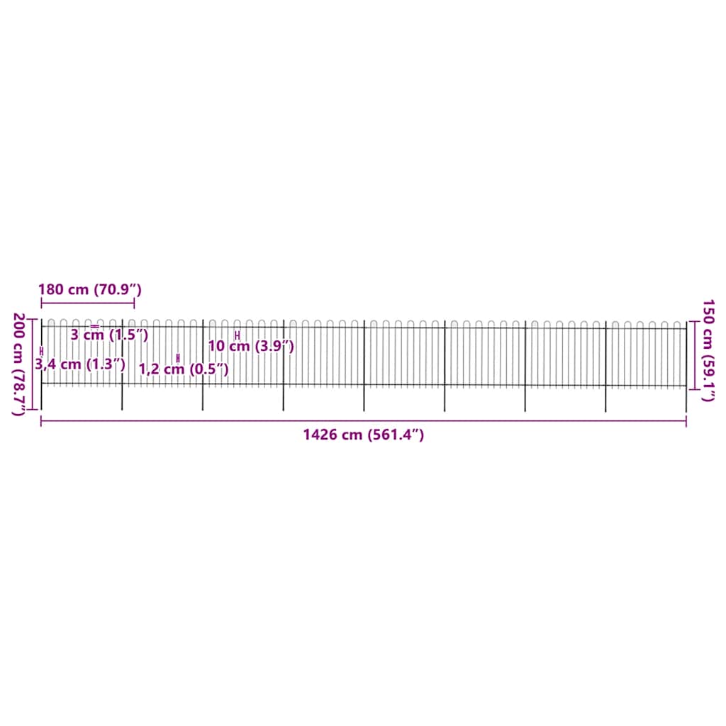 Garden Fence with Hoop Top Steel 1426x150 cm Black
