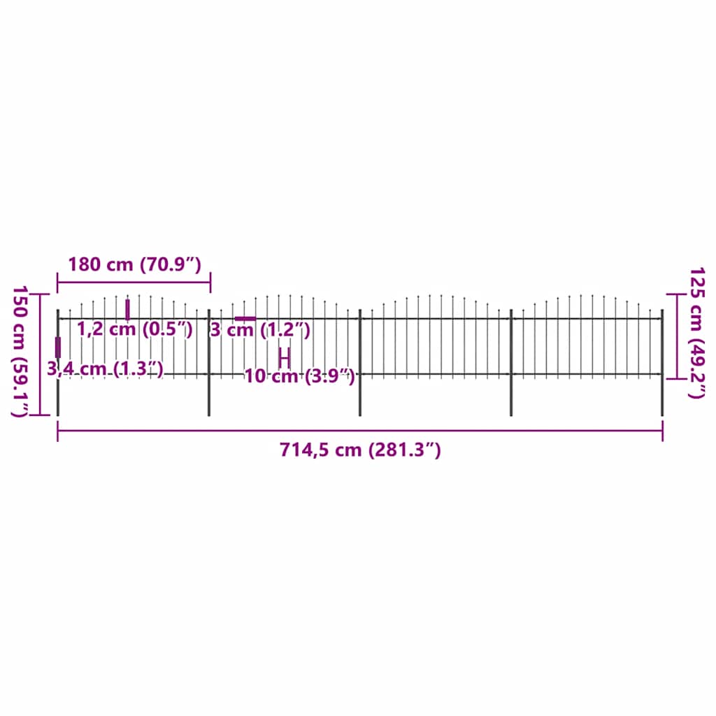 Garden Fence with Spear Top Steel 714.5x150 cm Black