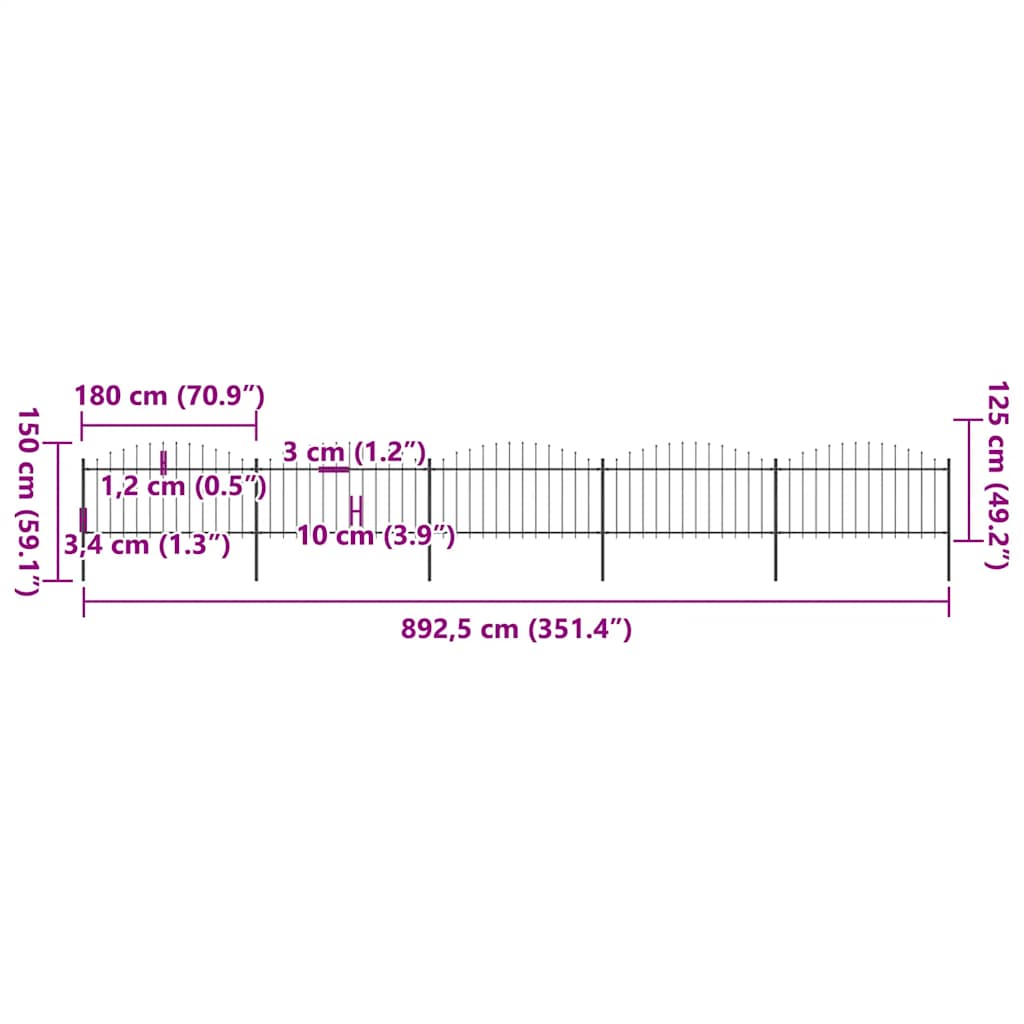 Garden Fence with Spear Top Steel 892.5x150 cm Black