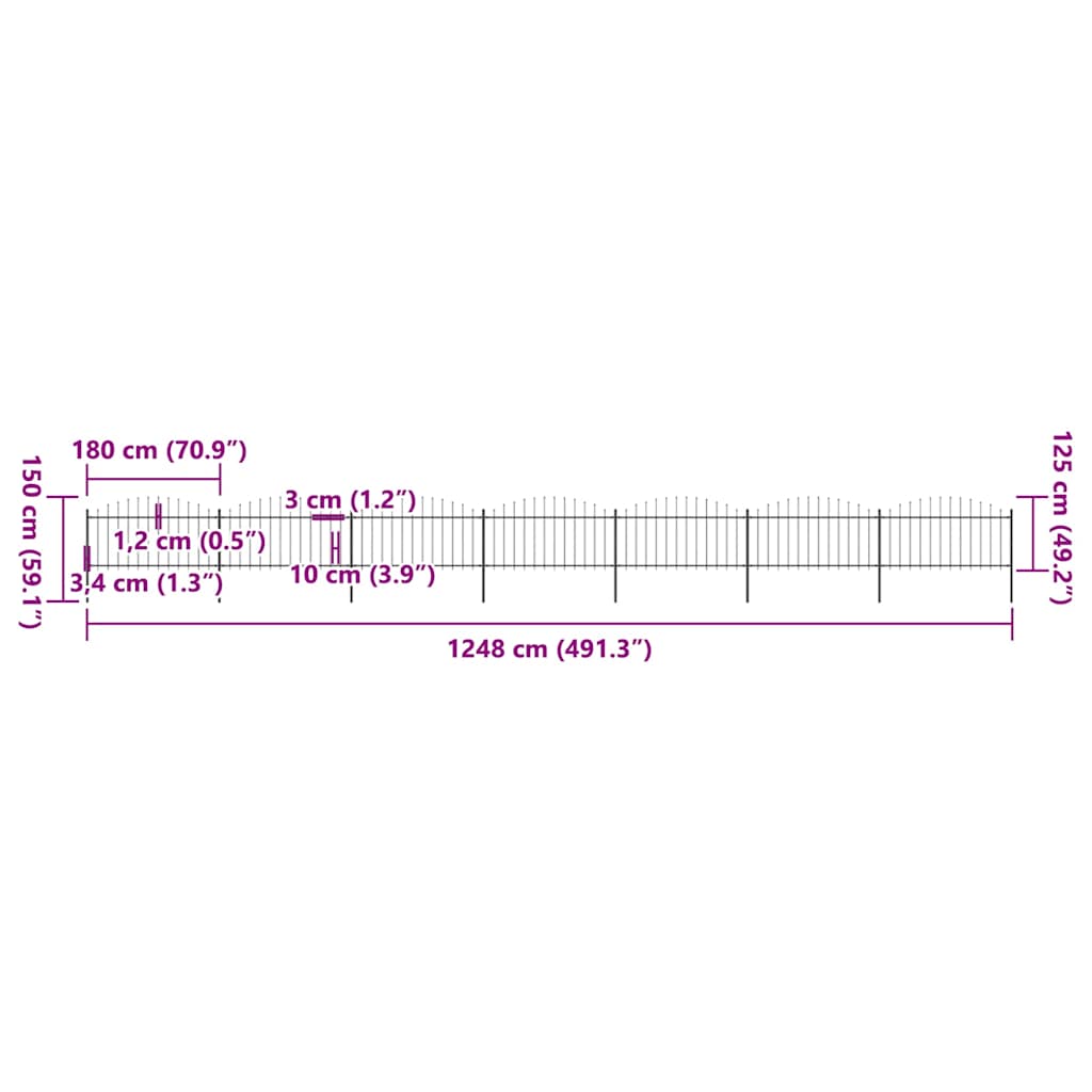 Garden Fence with Spear Top Steel 1248x150 cm Black