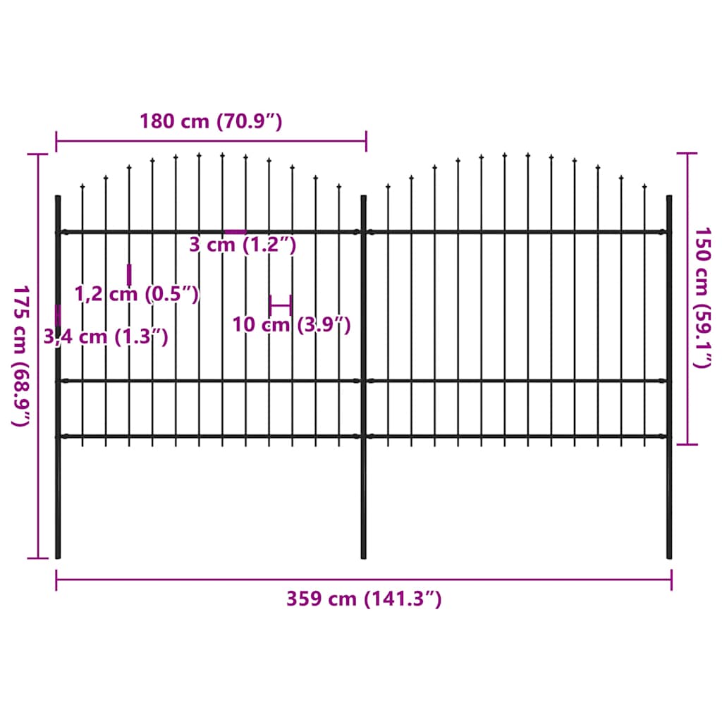 Garden Fence with Spear Top Steel 359x175 cm Black