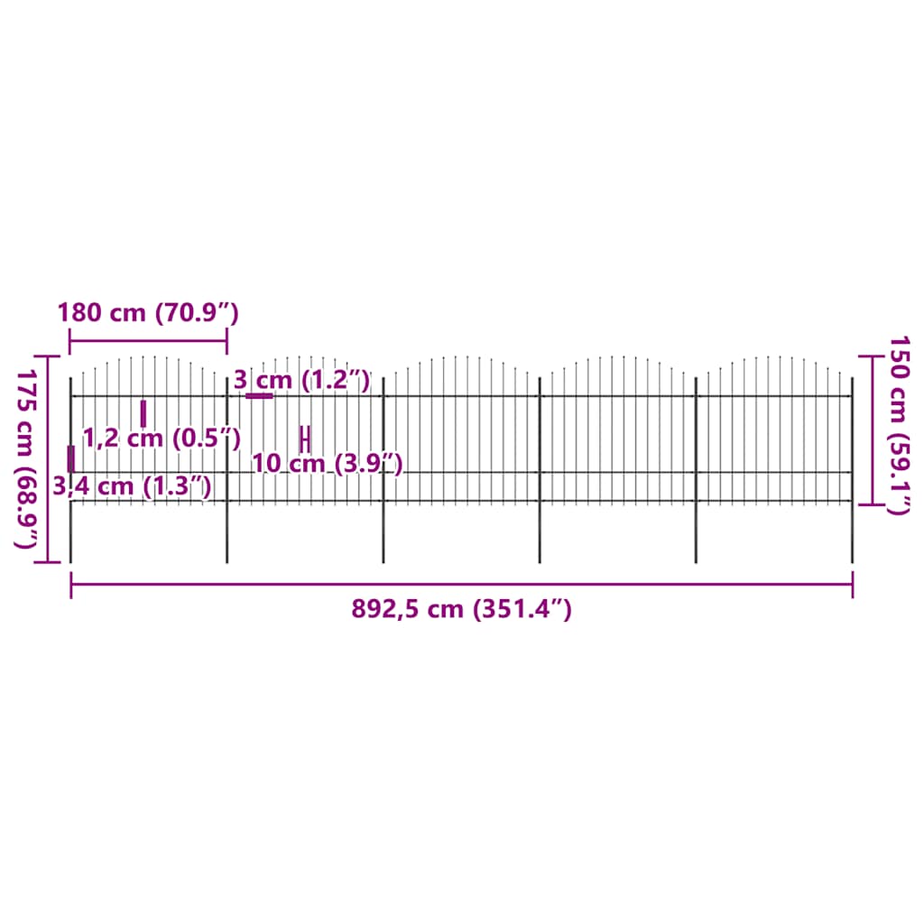 Garden Fence with Spear Top Steel 892.5x175 cm Black