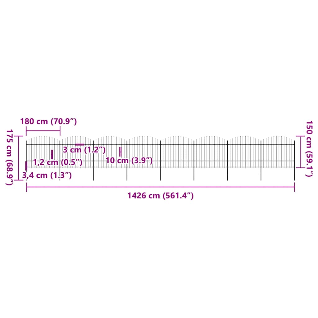 Garden Fence with Spear Top Steel 1426x175 cm Black