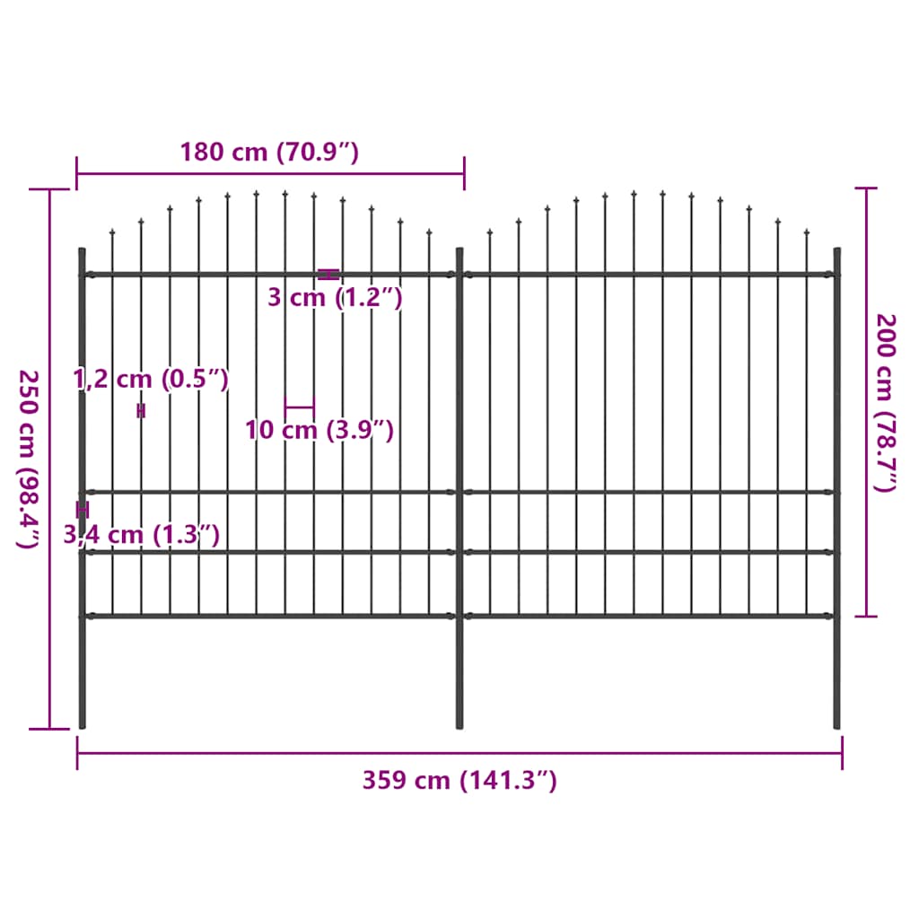 Garden Fence with Spear Top Steel 359x200 cm Black