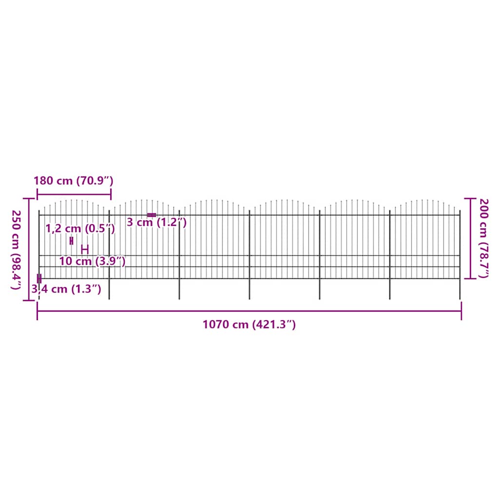 Garden Fence with Spear Top Steel 1070x200 cm Black