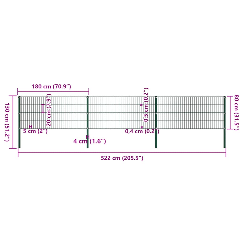 Fence Panel with Posts Iron 522x80 cm Green