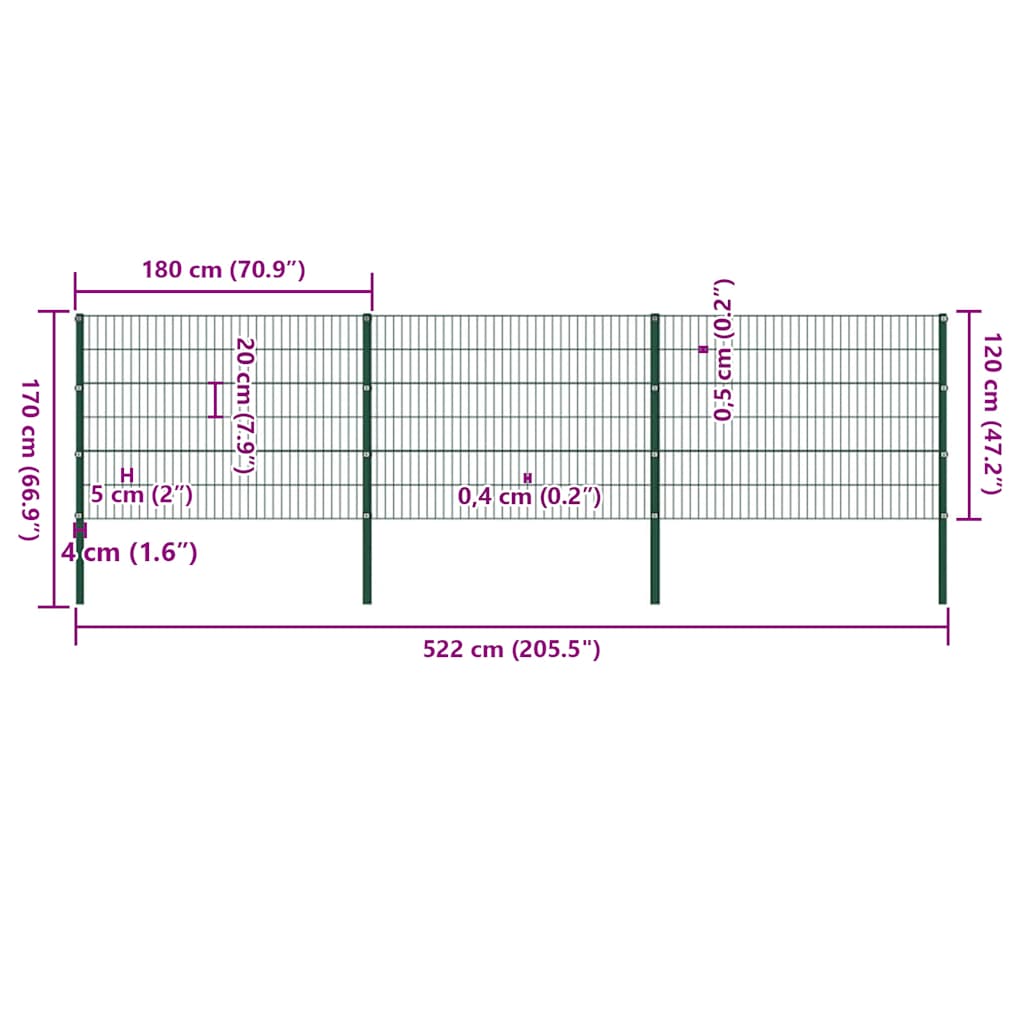 Fence Panel with Posts Iron 522x120 cm Green