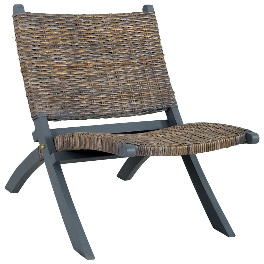 Relaxing Chair Grey Natural Kubu Rattan and Solid Mahogany Wood