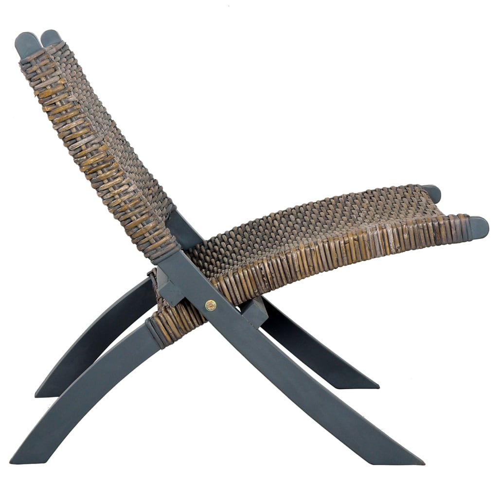 Relaxing Chair Grey Natural Kubu Rattan and Solid Mahogany Wood
