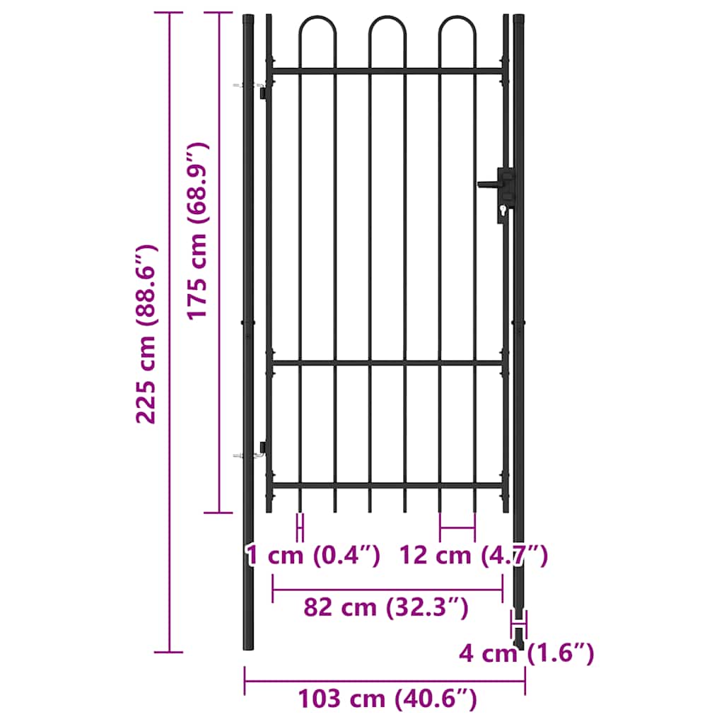 Fence Gate Single Door with Arched Top Steel 1x1.75 m Black