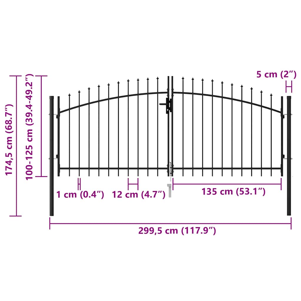 Fence Gate Double Door with Spike Top Steel 3x1.25 m Black