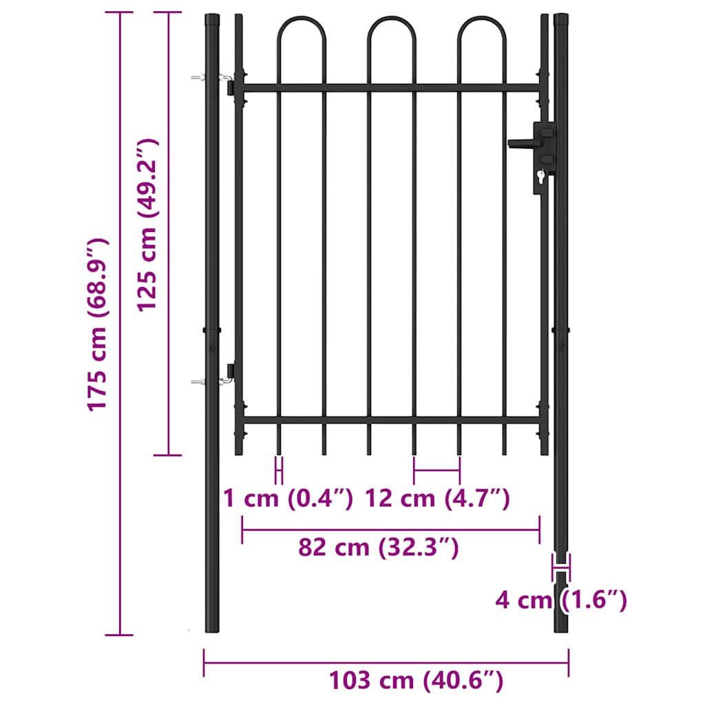 Fence Gate Single Door with Arched Top Steel 1x1.2 m Black