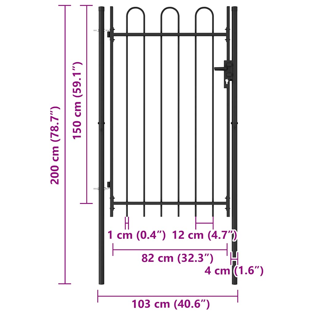 Fence Gate Single Door with Arched Top Steel 1x1.5 m Black