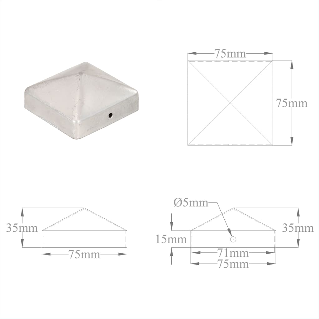 Pyramid Fence Post Caps 6 pcs Galvanised Metal 71x71 mm