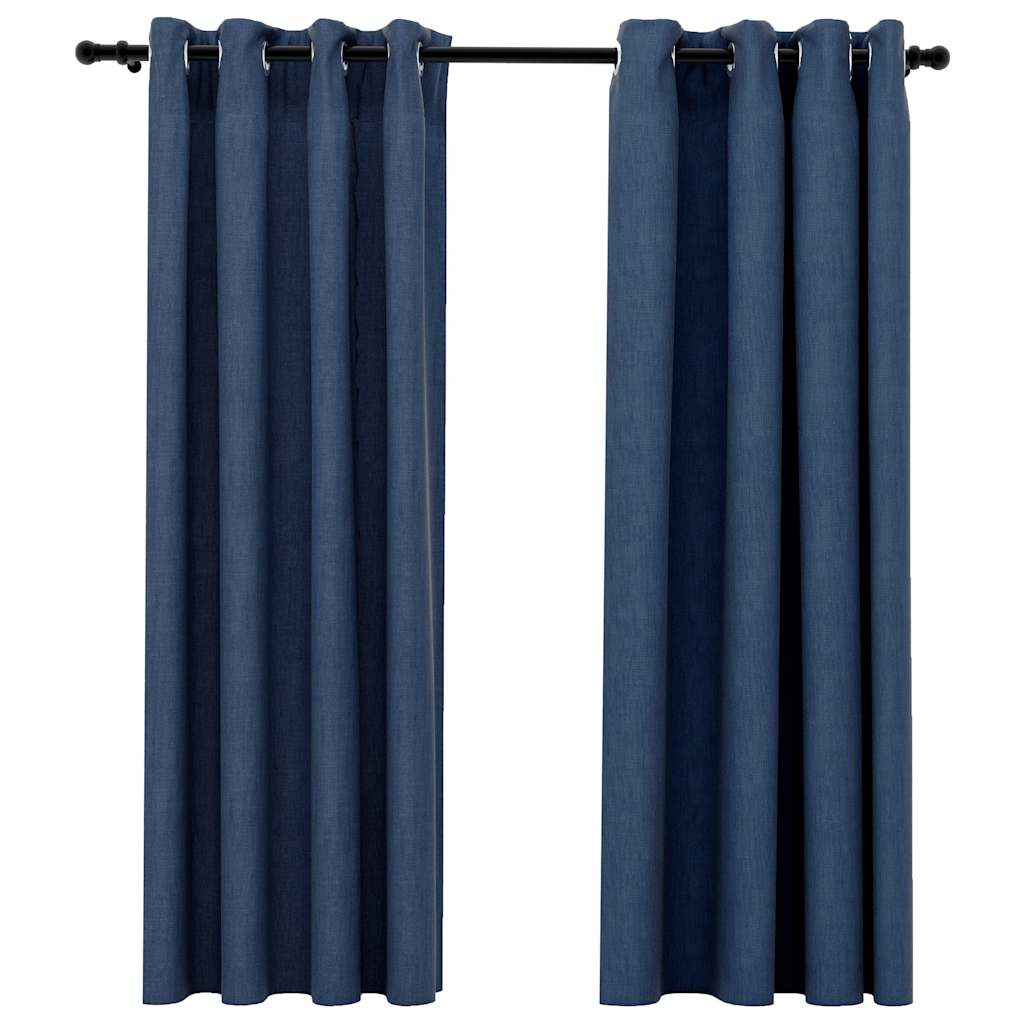 Linen-Look Blackout Curtains with Grommets 2 pcs Blue 140x175cm