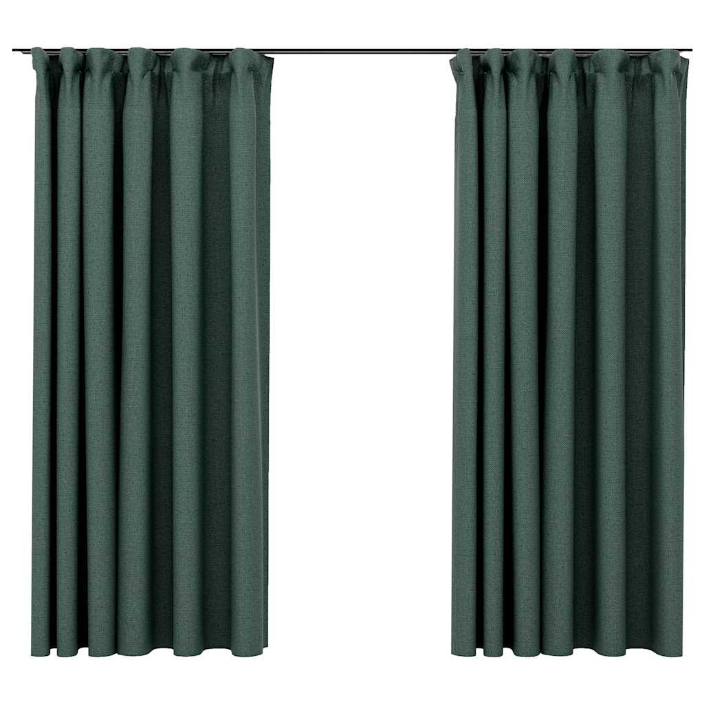 Linen-Look Blackout Curtains with Hooks 2 pcs Green 140x175 cm