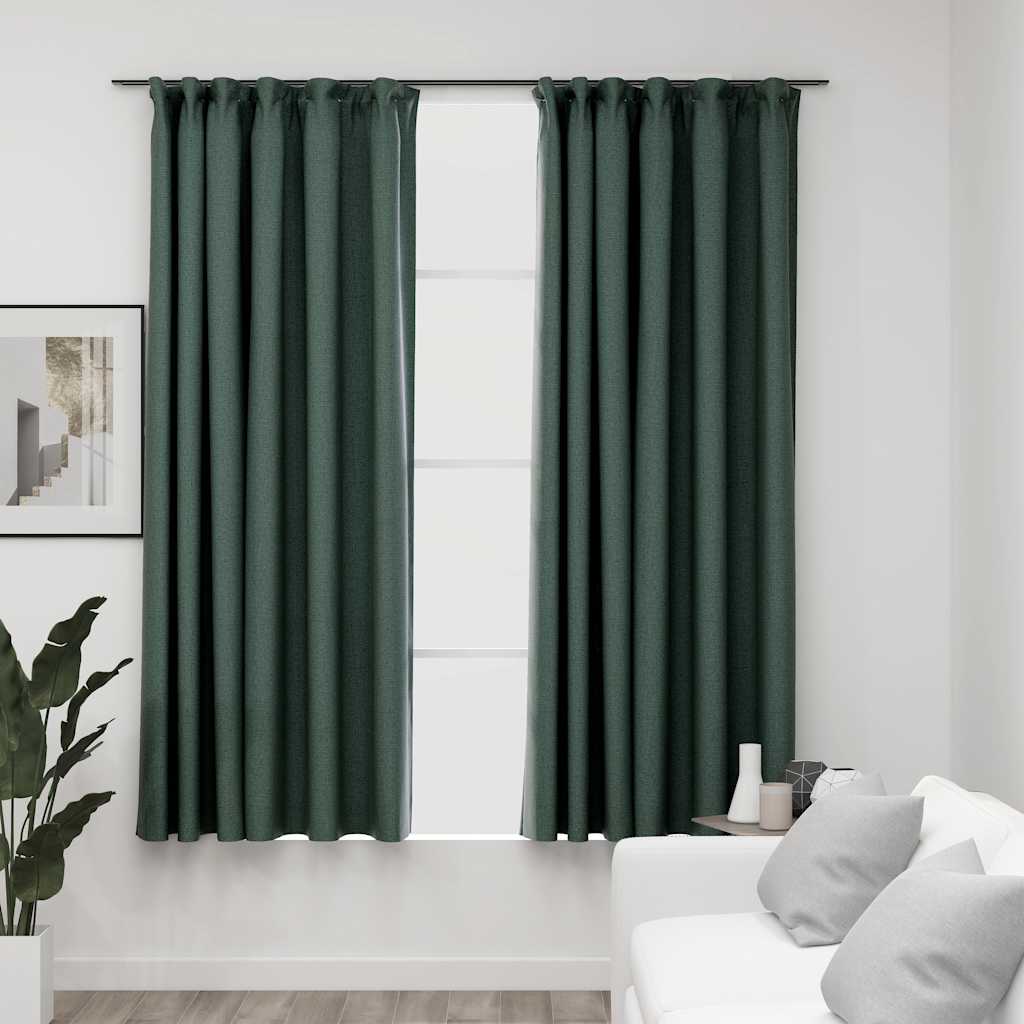 Linen-Look Blackout Curtains with Hooks 2 pcs Green 140x175 cm
